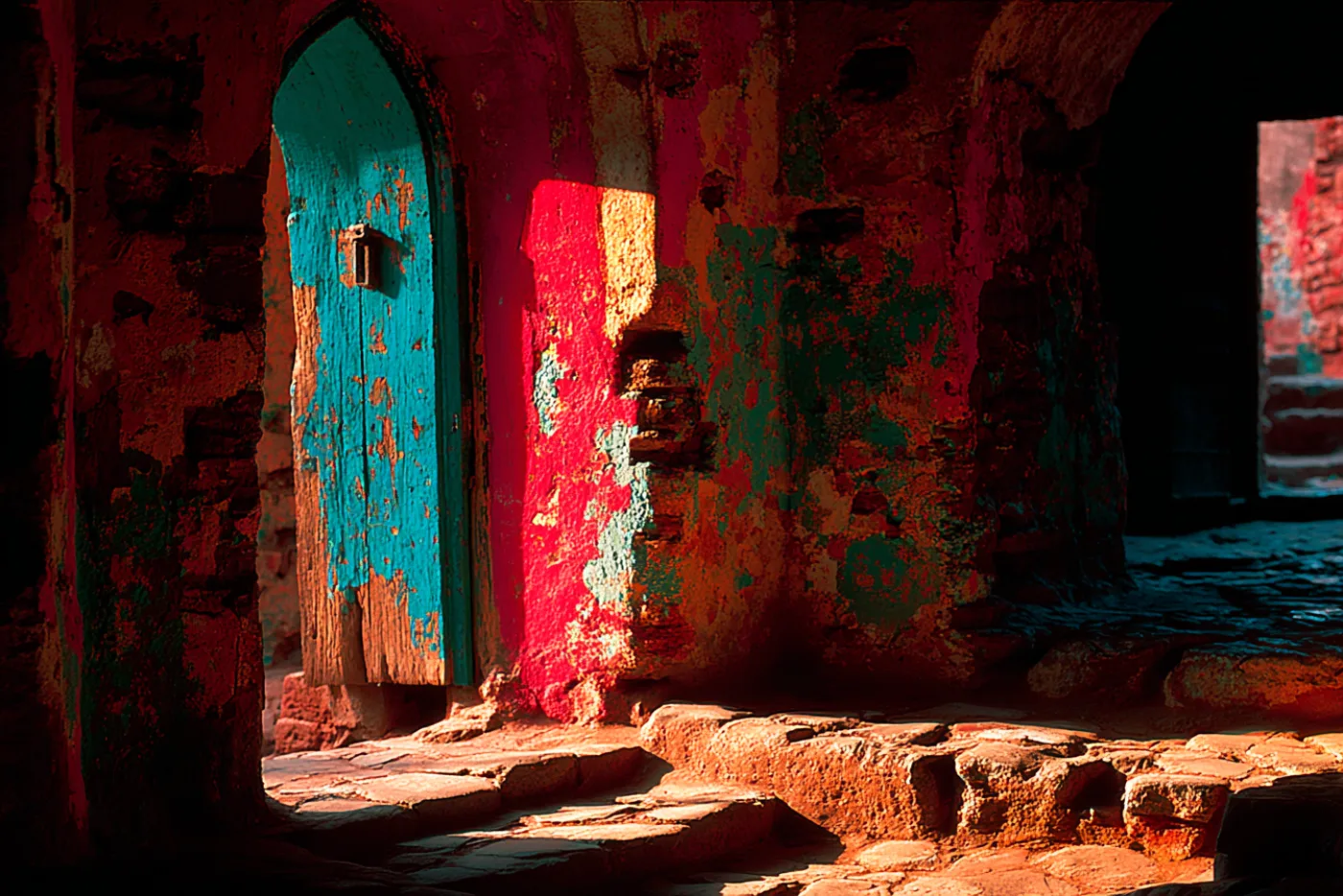 A weathered blue pointed-arch door set in a hot red-lit crumbling wall