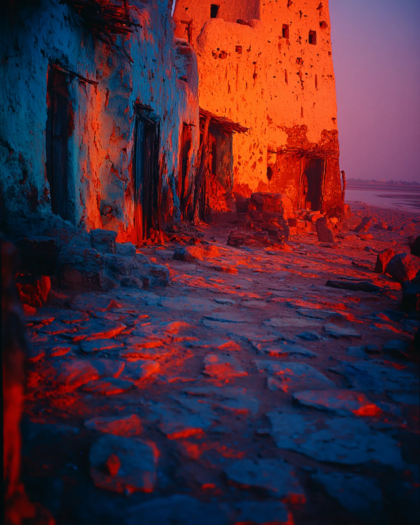 Ruined earthen buildings at the desert's edge, lit red and cold blue at dusk