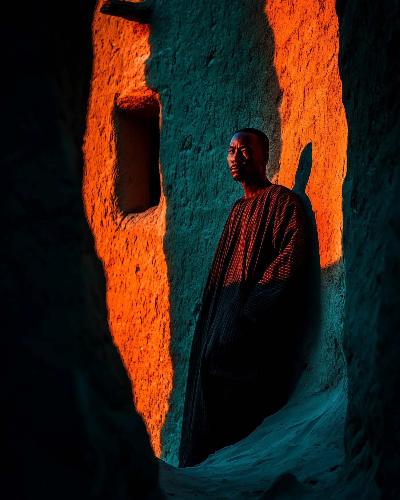 A man in a striped robe leaning against a wall in the last light, at rest