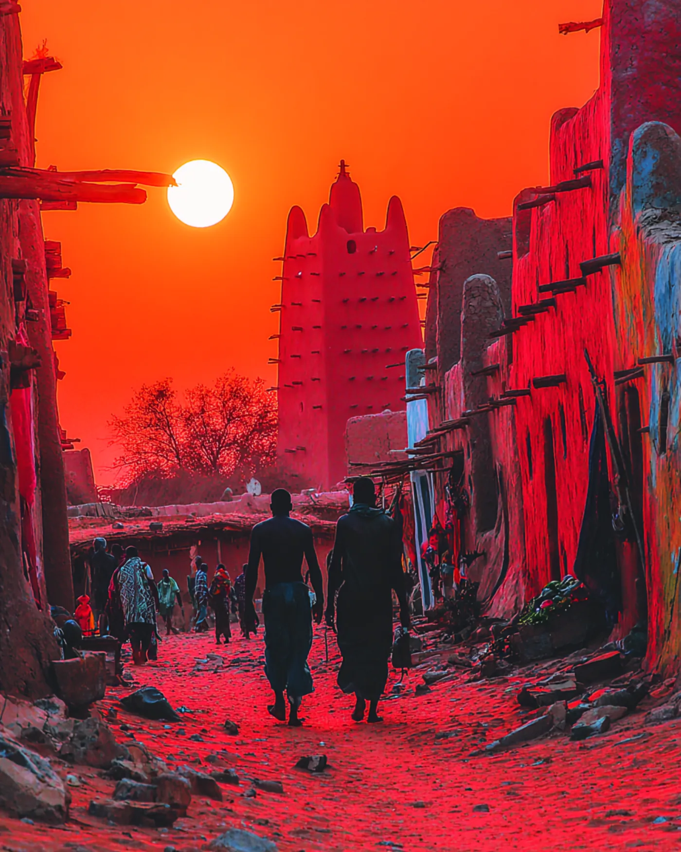 Two figures walking a lane toward a mud-brick minaret under a white sun in a red sky