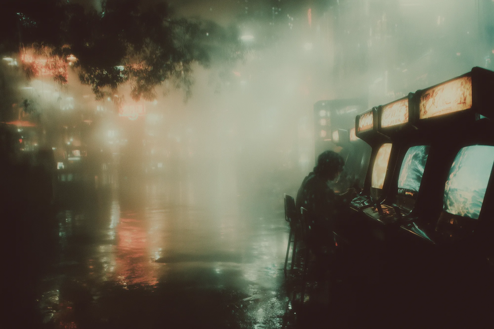 A lone figure at a row of arcade cabinets in the rain, the old world dissolving in cold blue mist behind — one machine's screen glowing warm, an ember of light in the dark.