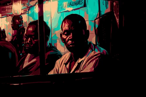 Through a matatu window at night: weary men lit in teal and amber, noir graphic-novel style; a garbled sign reads SHAKUMAS.