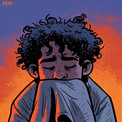 The same figure, eyes closed, face sunk into the collar.
